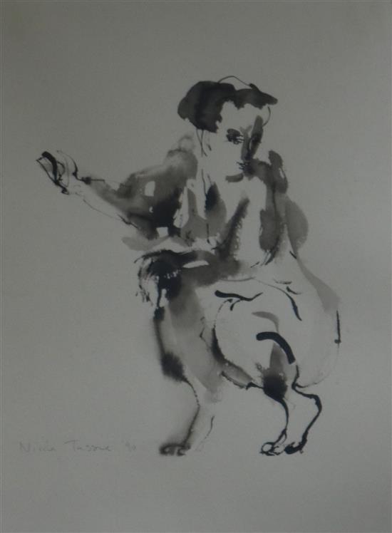 Nicola Tassie (b.1960), two Chinese ink & wash, standing nude and squatting nude, signed and dated 90, 32 x 23cm